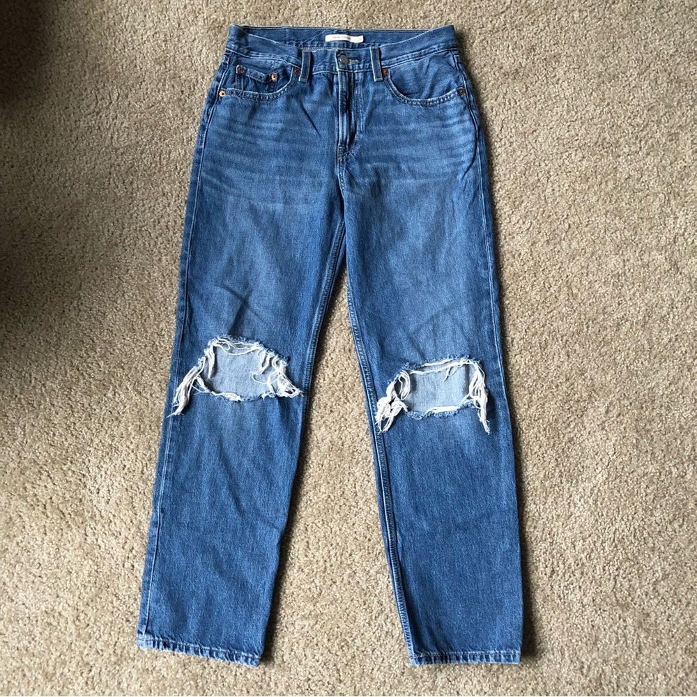 Levi’s Womens Low Pro Straight Jeans Mid Rise Baggy Distressed Sz 28